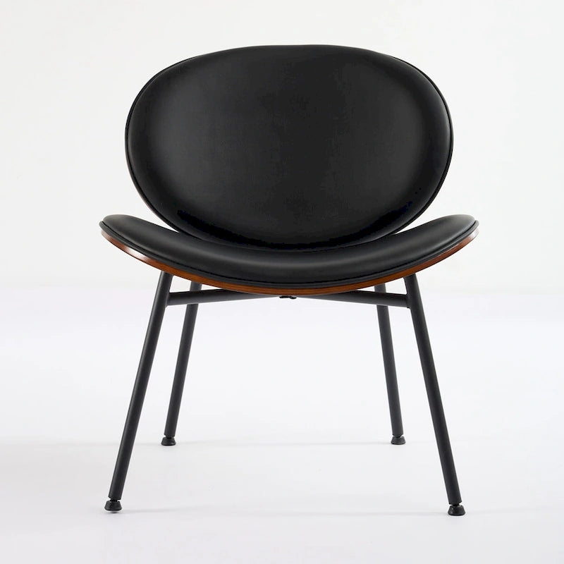 Shell Chair Single Side Chair Tripod Black Leather Lounge Chair in Walnut Finish Comfortable Backrest,Black color