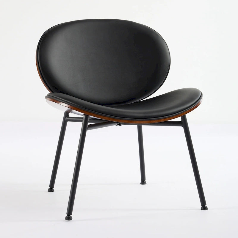 Shell Chair Single Side Chair Tripod Black Leather Lounge Chair in Walnut Finish Comfortable Backrest,Black color
