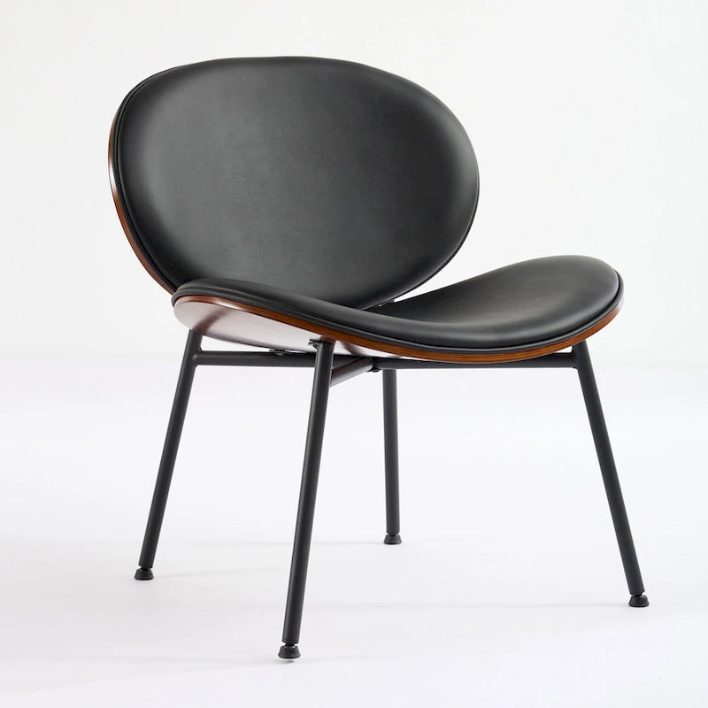 Shell Chair Single Side Chair Tripod Black Leather Lounge Chair in Walnut Finish Comfortable Backrest,Black color