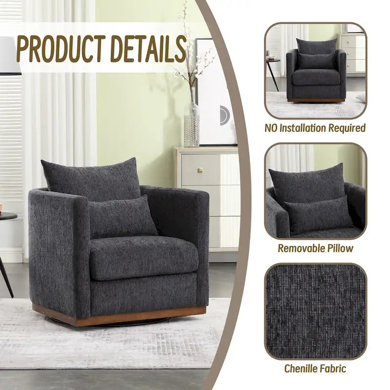 Chenille Swivel Barrel Chair with Sturdy Metal Base and Ergonomic Design