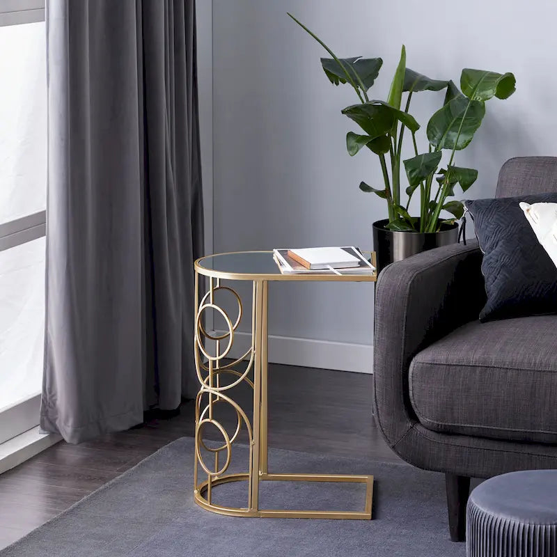Metal Geometric Accent Table with Mirrored Glass Top - Gold  - 19 W x 12 L x 24 H