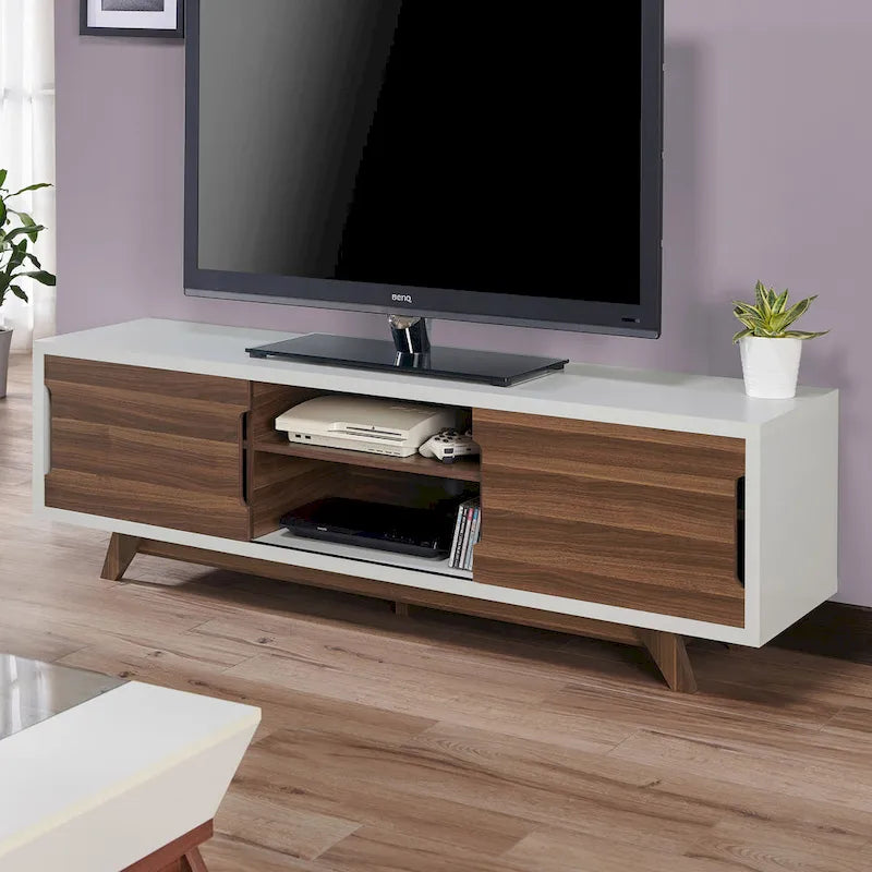 White and Walnut Mid-Century Modern TV Stand - 62 inch Wide with 6 Shelves