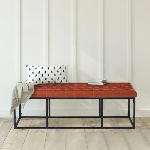 Black Faux Leather Accent Bench with Metal Frame