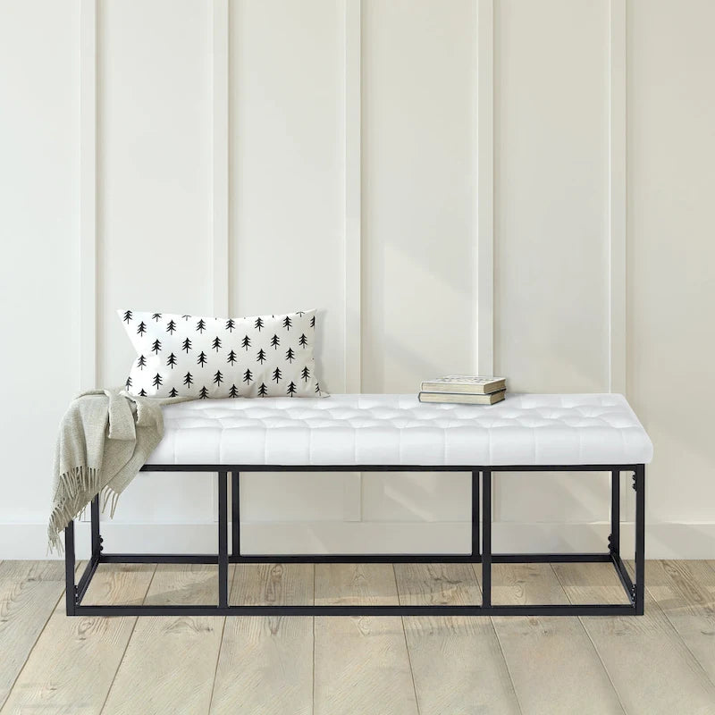 Black Faux Leather Accent Bench with Metal Frame