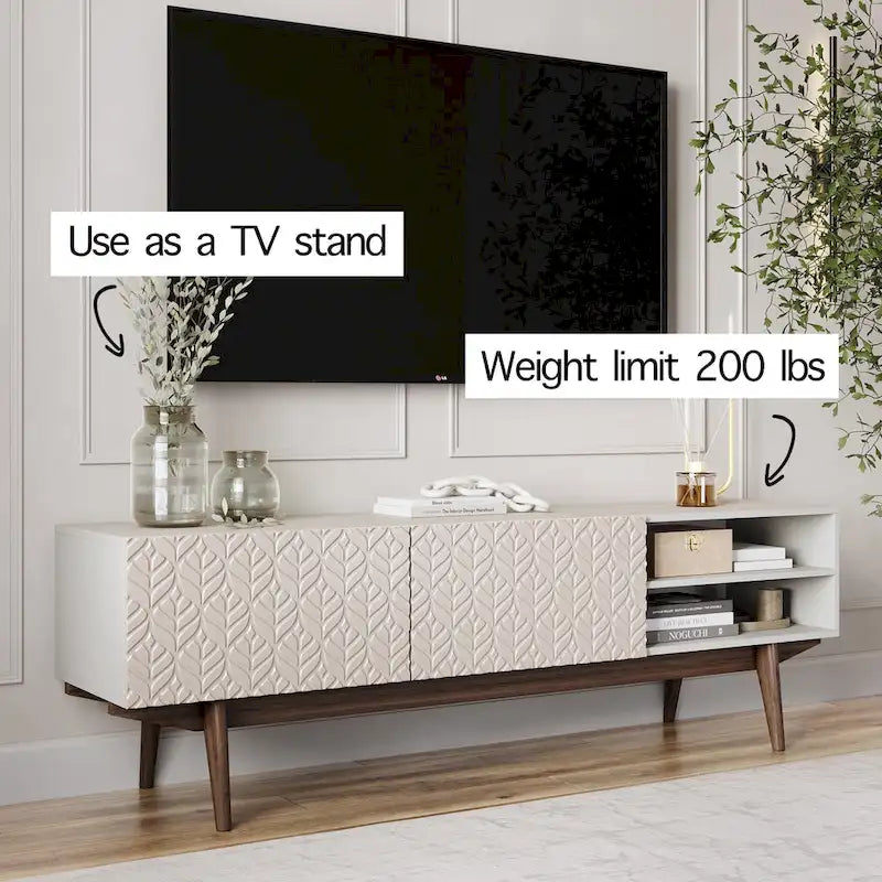 TV Stand Console Fits TV's up to 65 in. with Wood Legs in Mid Century Modern Scandinavian Design