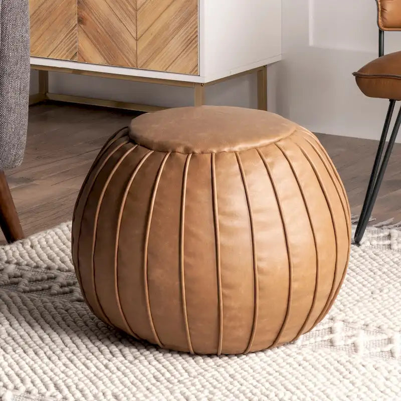 Faux Leather Round Filled Ottoman Pouf