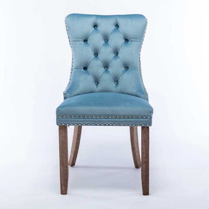 Set of 2 Linen Or Velvet Upholstered Dining Chairs with Nailhead Trim and Wooden Legs