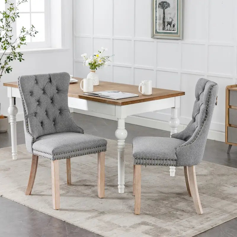 Set of 2 Linen Or Velvet Upholstered Dining Chairs with Nailhead Trim and Wooden Legs