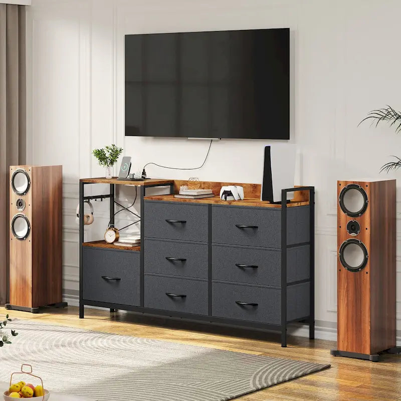 7-drawer Dresser Media Console with Charging Station, Shelves